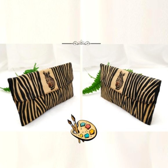 HAND PAINTED Zebra Animal Print Wallet Genuine Leather Tan Brown Black Bills Zip - Picture 5 of 11